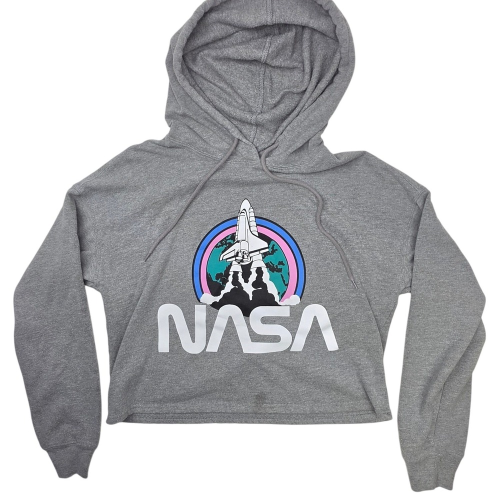 NASA Womens Gray Cropped Graphic Hoodie Space Shuttle Launch Size M RN117508
